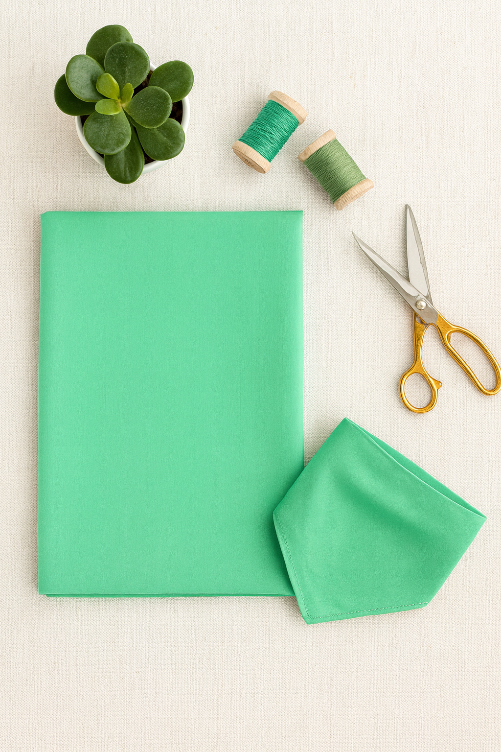 A neatly folded piece of Bella Solids Betty’s Green Fabric by Moda Fabrics lies on a beige surface beside gold sewing scissors, two wooden spools of green thread, and a small potted succulent under soft natural light.
