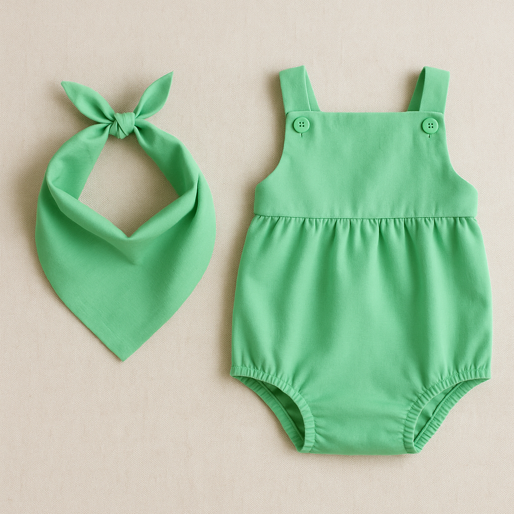 A mint-green dog bandana and matching baby romper made from Bella Solids Betty’s Green Fabric by Moda Fabrics, styled on a neutral fabric background with soft shadows and warm natural lighting.
