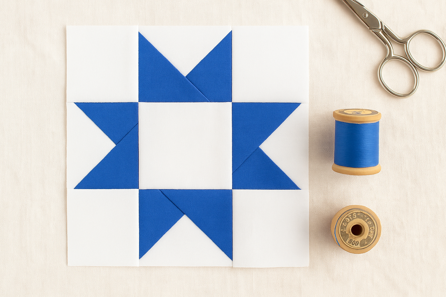 A flat-lay of a quilt block made from Bella Solids Cobalt Fabric by Moda Fabrics, featuring a cobalt blue and white star pattern alongside blue thread spools and silver scissors on a neutral cotton background.