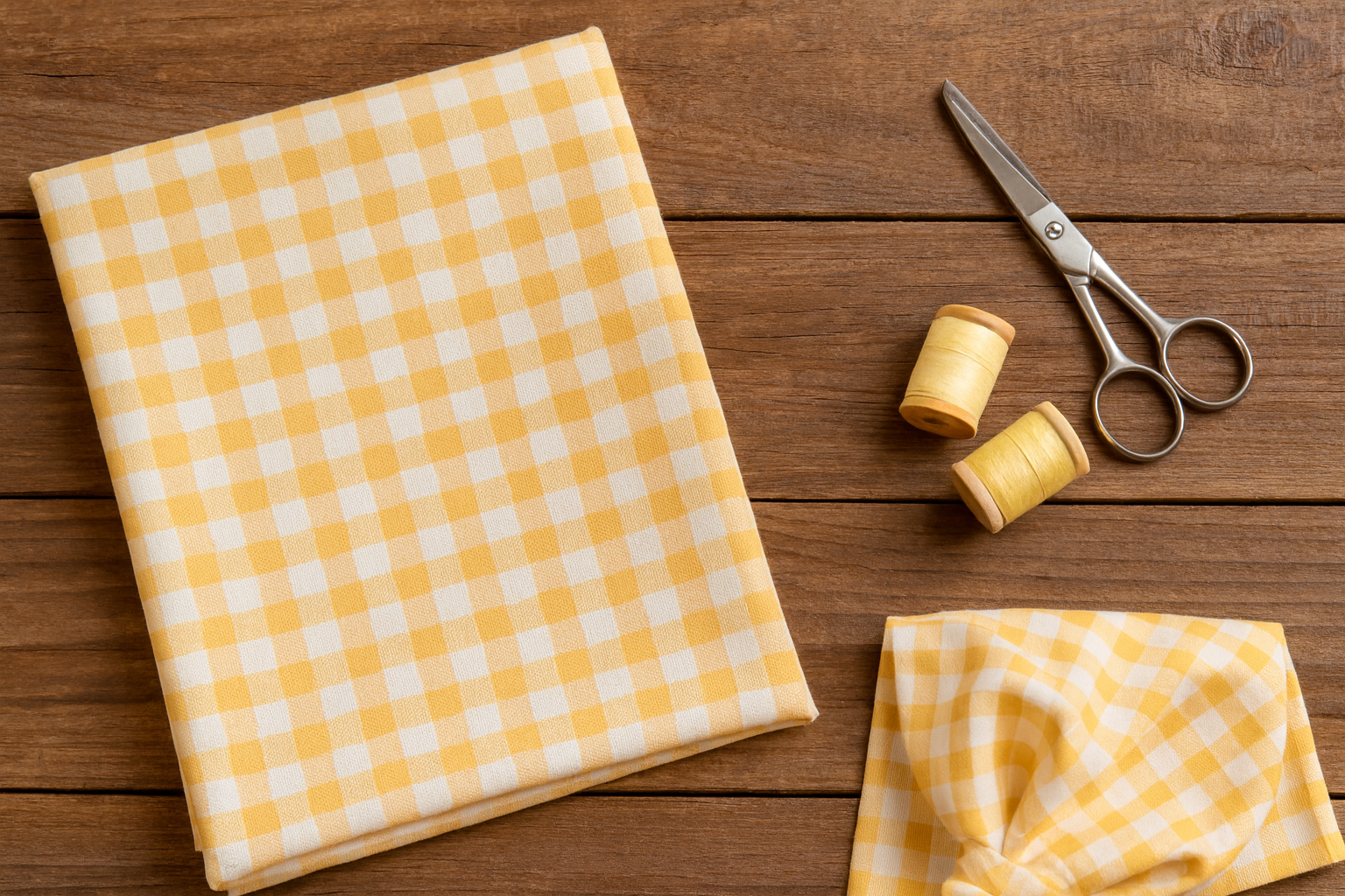 folded gingham fabric with scissors and thread spools on a wooden table.