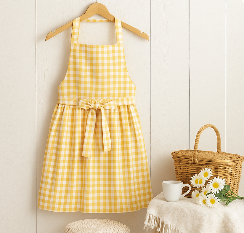 a gingham apron and picnic setup with a basket, cup, and flowers - cozy, country-style look.