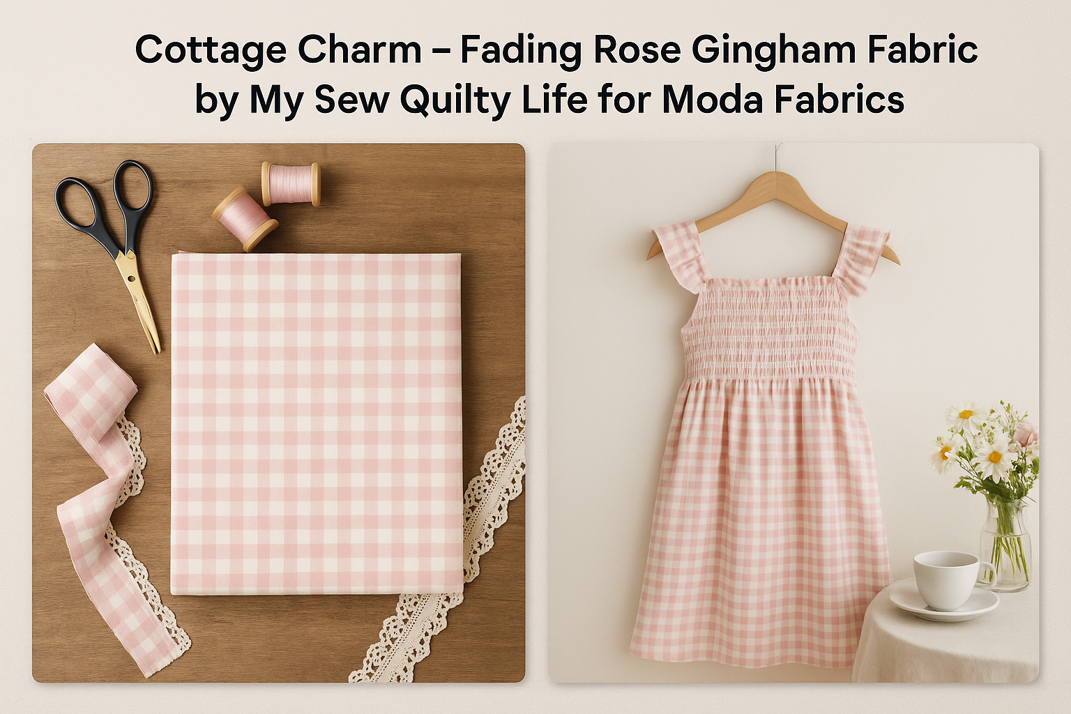 Folded gingham fabric with scissors, pink thread spools, and lace trim on a wooden surface. Soft pink gingham summer dress on hanger beside a tea setup with flowers - elegant, cottage-core vibe.