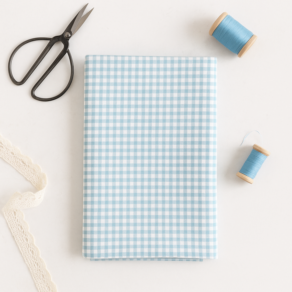folded blue gingham fabric with sewing scissors, blue thread, and cotton lace trim on a white table.