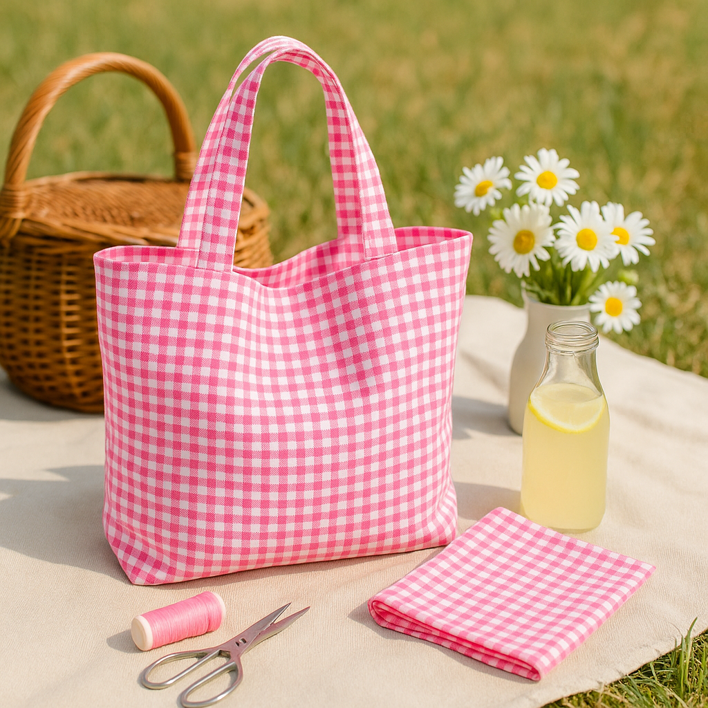 pink gingham tote bag and matching lunch napkin on a picnic setup with lemonade, basket, and flowers.