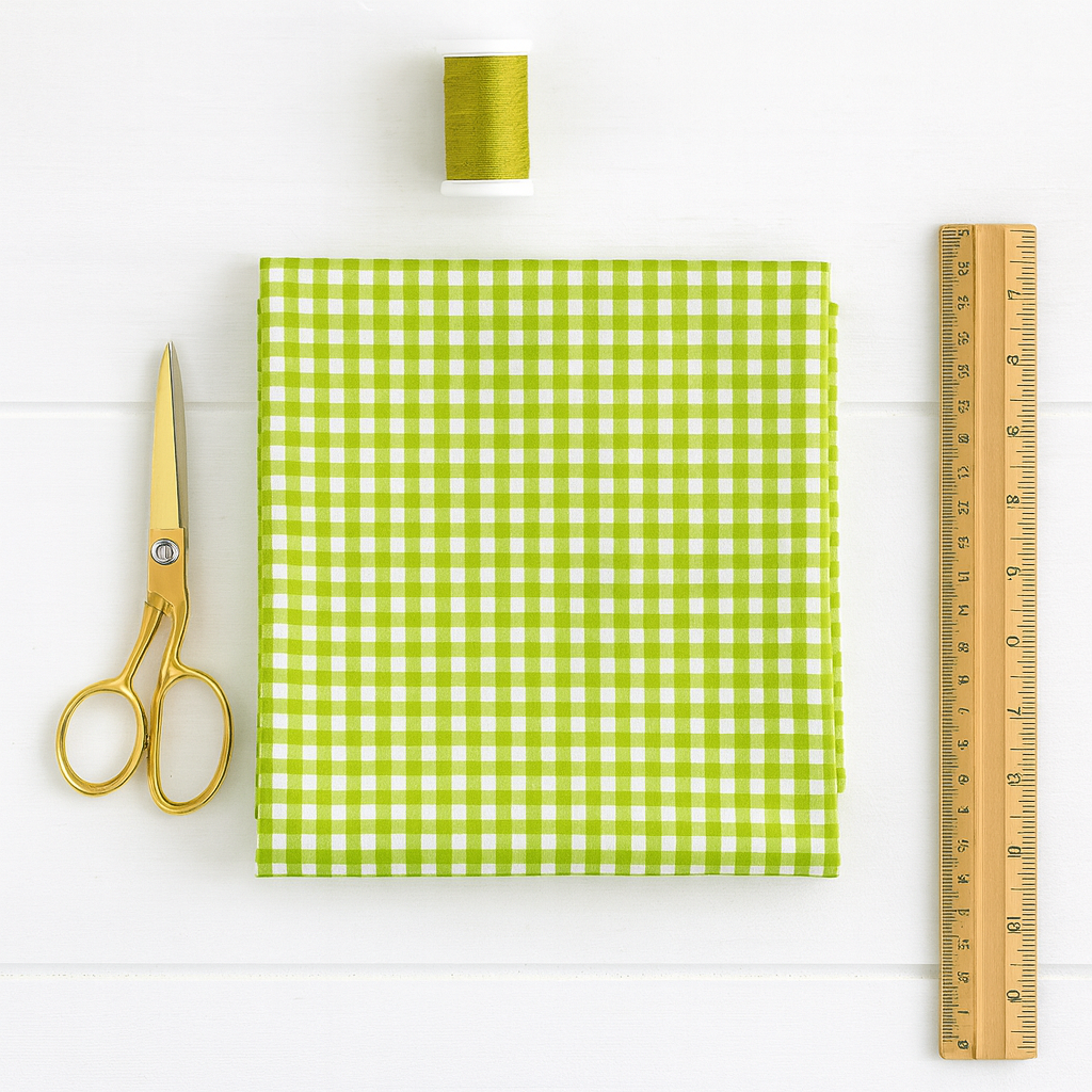 folded green gingham fabric with thread, scissors, and ruler on a white table.