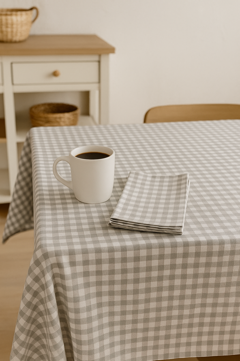 gray gingham tablecloth with matching napkins and a cup of coffee in a cozy neutral kitchen setting.
