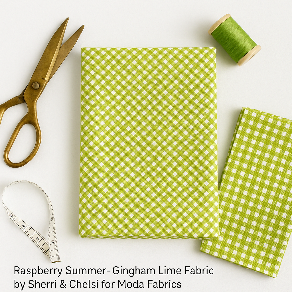 neatly folded lime gingham fabric with scissors, lime green thread, and a tape measure on a white background.