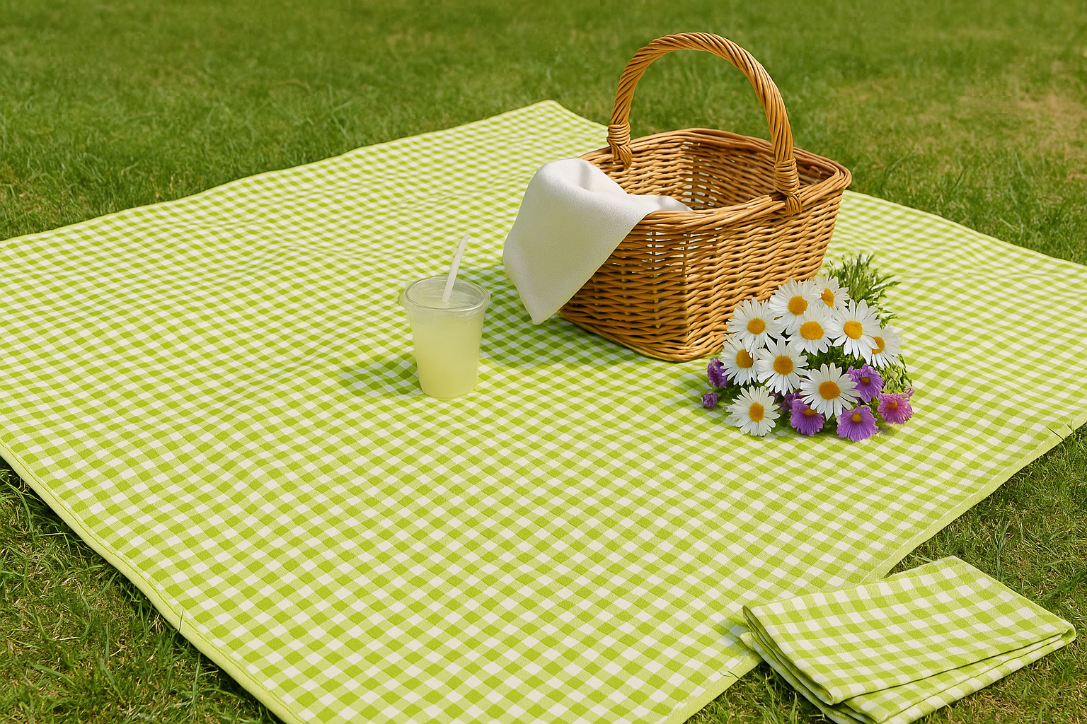 lime gingham picnic blanket spread on grass with a wicker basket, flowers, and a lemonade cup for a fresh summer vibe.