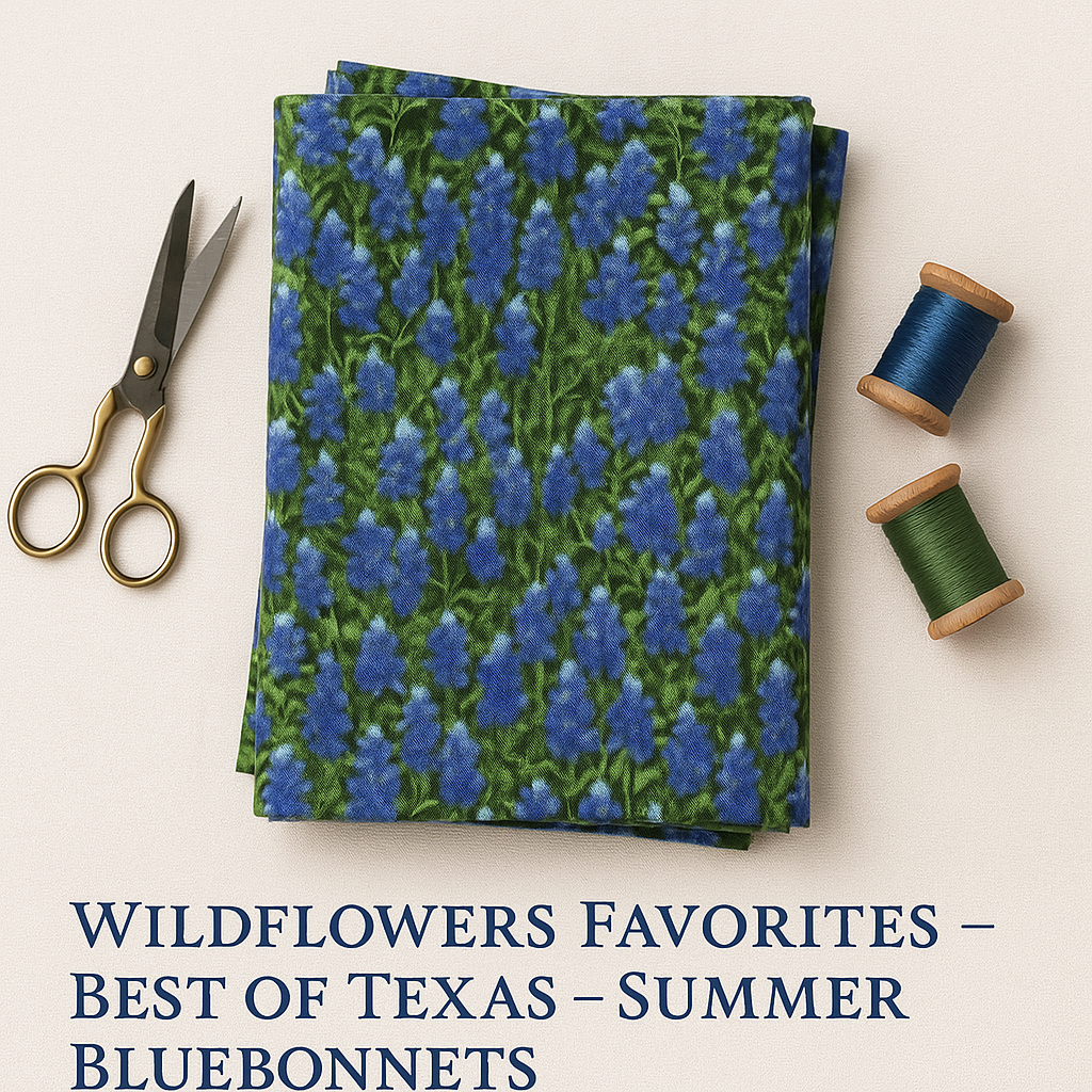 olded fabric stack showing the bluebonnet print clearly with scissors and thread spools.