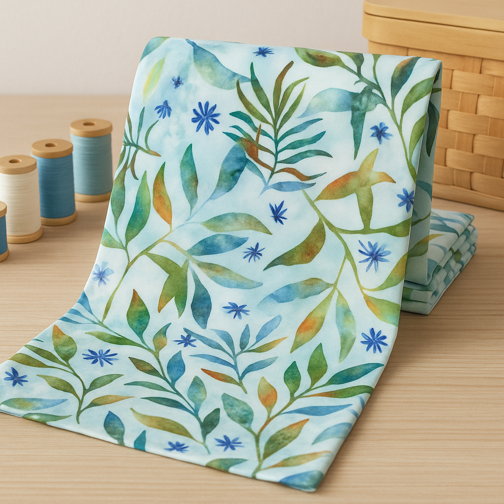 Watercolor blue and green leaf fabric displayed in a bright sewing room setup with thread spools and folded yardage