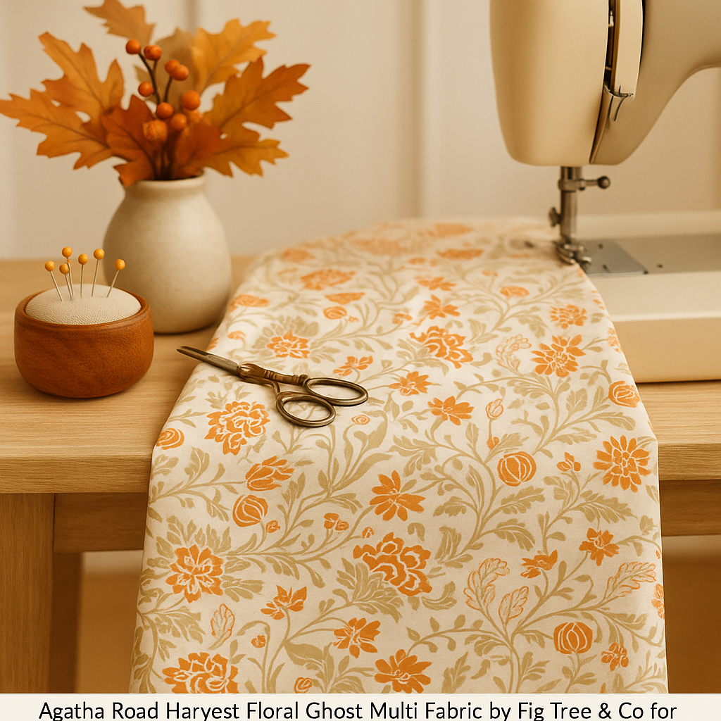 A cozy autumn-inspired sewing corner featuring the Agatha Road – Harvest Floral Ghost Multi Fabric by Fig Tree & Co for Moda Fabrics displayed as a table runner in progress, surrounded by thread spools, scissors, and fall leaves on a wooden sewing table with warm ambient lighting.