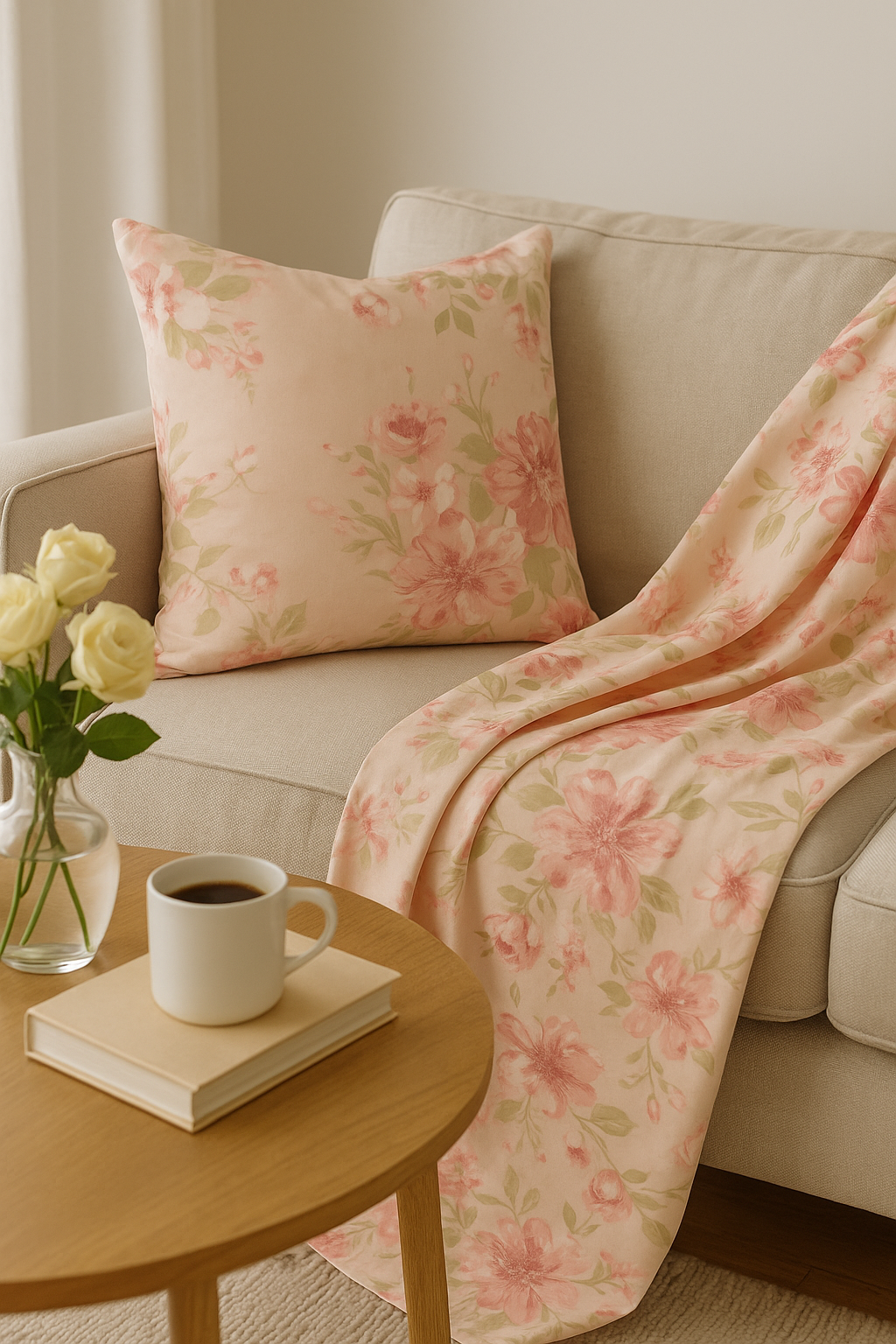 A cozy living room setup featuring Muse - Rose Garden Blush Fabric by 3 Sisters for Moda Fabrics, used on a pillow and draped throw, with a wooden coffee table, vase of roses, and soft natural light creating a warm, inviting cottage ambiance.