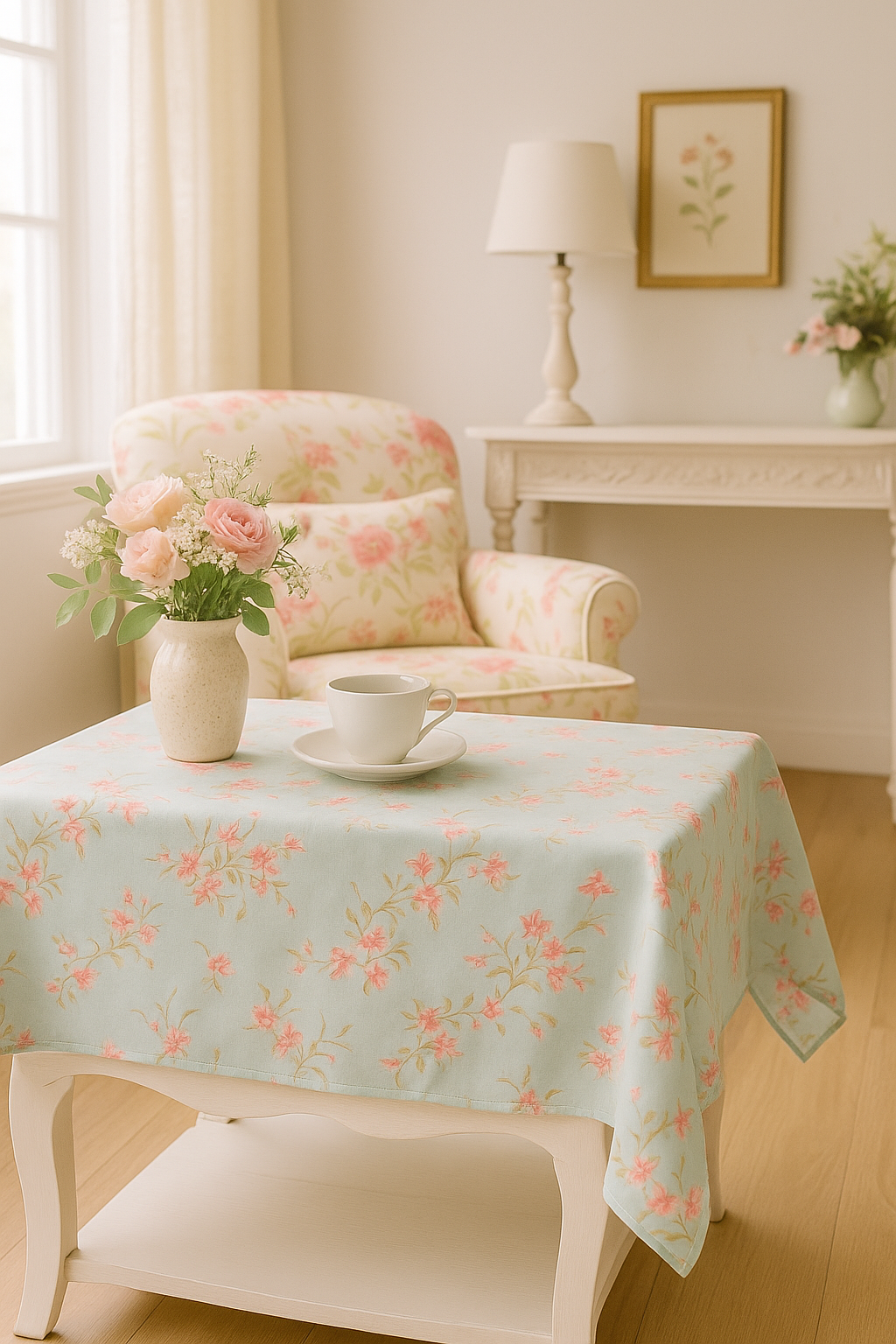 A cozy cottage-style living room featuring Muse - Flower Picking Sky Fabric by 3 Sisters for Moda Fabrics, used as a tablecloth beside a floral armchair, vase of pink roses, and warm sunlight through cream curtains, creating a soft, romantic ambiance.