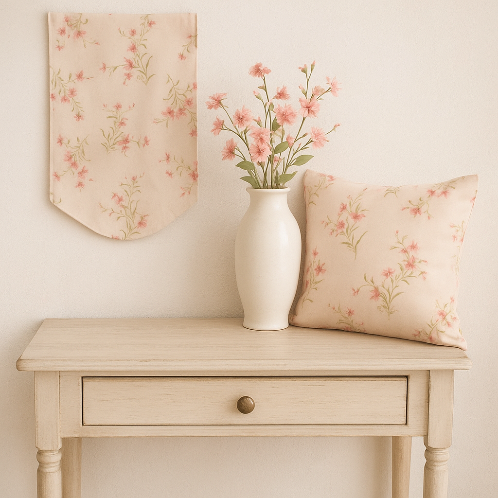 A cozy cottage-style table scene featuring Muse - Flower Picking Blush Fabric by 3 Sisters for Moda Fabrics, used as a table runner on a light wooden table with pink roses, soft sunlight, and sewing accessories creating a romantic vintage atmosphere.