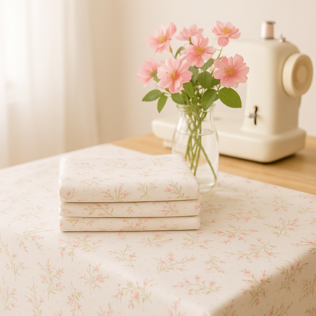 A cozy sewing workspace bathed in natural light, featuring Muse - Flower Silhouette Porcelain Fabric by 3 Sisters for Moda Fabrics with delicate pink floral sprigs on a white background, displayed beside vintage scissors, spools of thread, and soft cottage-style décor.