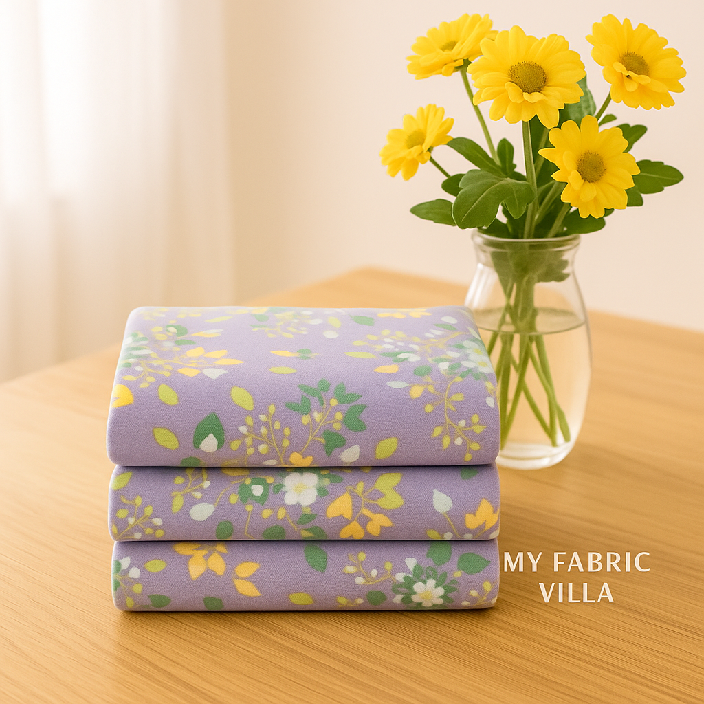 A cozy sewing room scene featuring folded Sherbet Sunshine Lavender Floral Flannel Fabric by Corey Yoder for Moda Fabrics beside a vase of yellow flowers, radiating warmth and comfort.