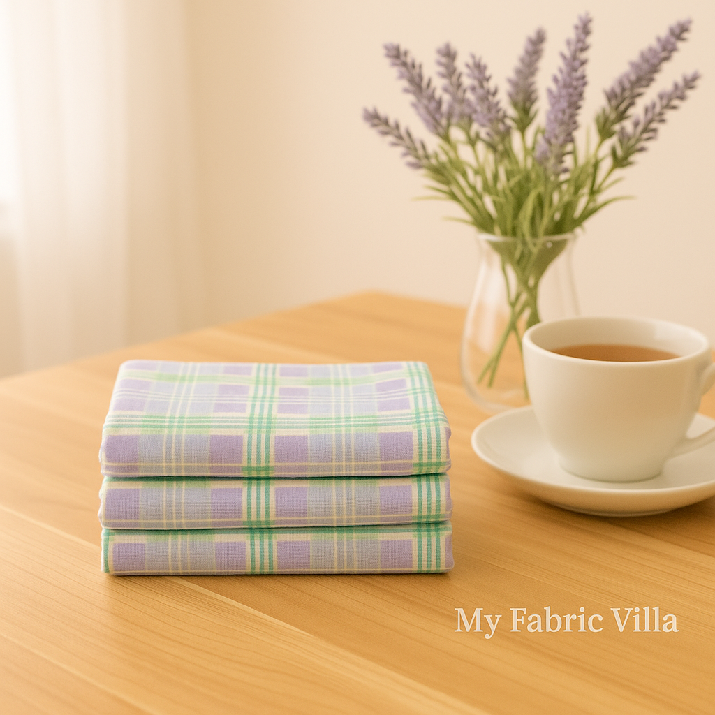 A cozy sewing table scene with folded Sherbet Sunshine Lavender Plaid Flannel Fabric by Corey Yoder for Moda Fabrics, next to a cup of tea and a vase of lavender flowers with watermark text “My Fabric Villa” on the right-hand side.