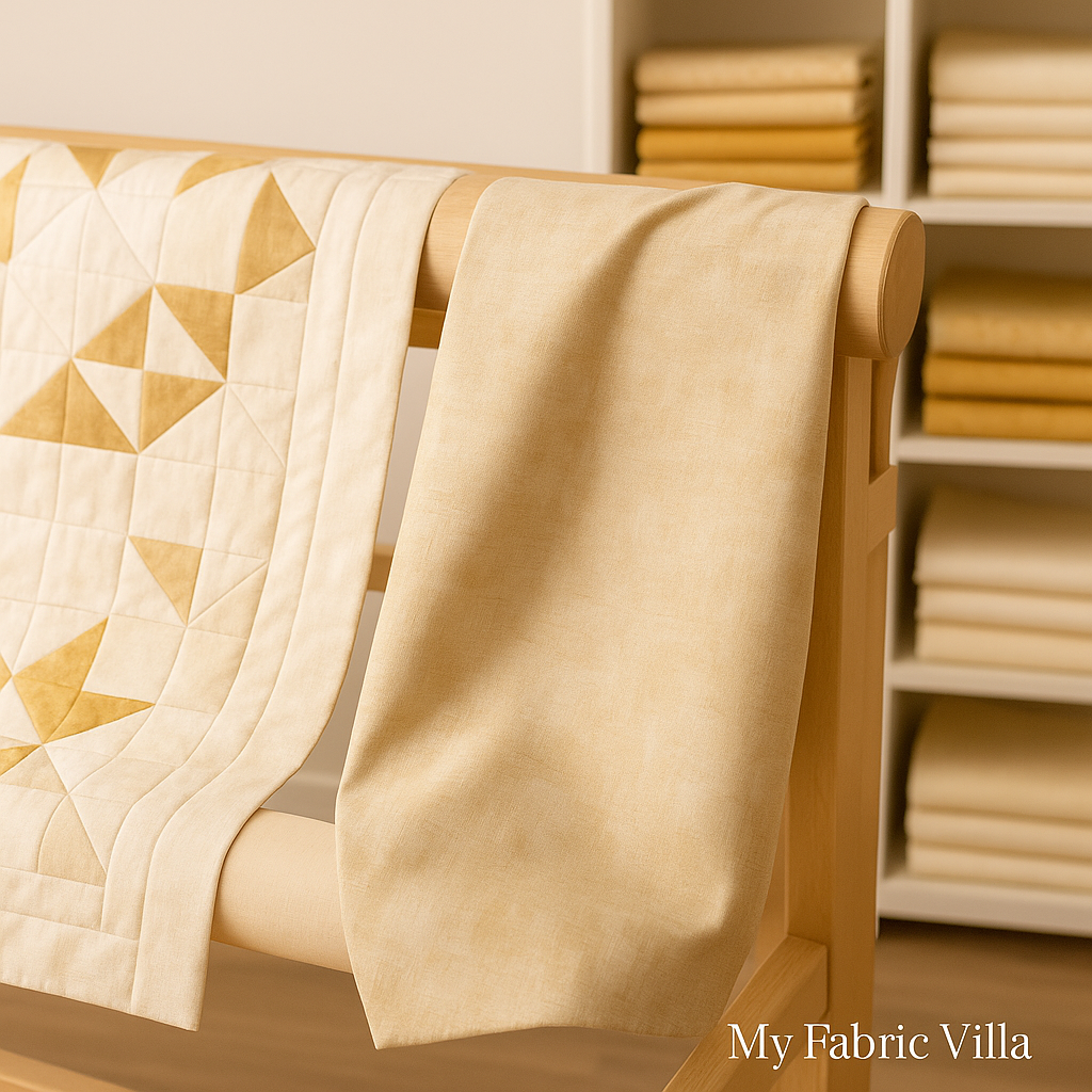 A cozy quilt studio scene featuring Grunge Basics Spritzer fabric by BasicGrey for Moda Fabrics, draped neatly over a wooden quilt rack beside a cream and gold geometric quilt. Stacks of coordinating beige and gold fabrics are arranged on shelves in the background, with a “My Fabric Villa” watermark on the right-hand side.
