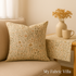 A cozy linen-inspired home décor scene featuring decorative pillows and a table runner made from Rainer Mochi Linen Eggshell Fabric by Jessica Rose for Moda Fabrics, displayed in a softly lit neutral-toned living space with natural textures and the watermark “My Fabric Villa” on the right side.