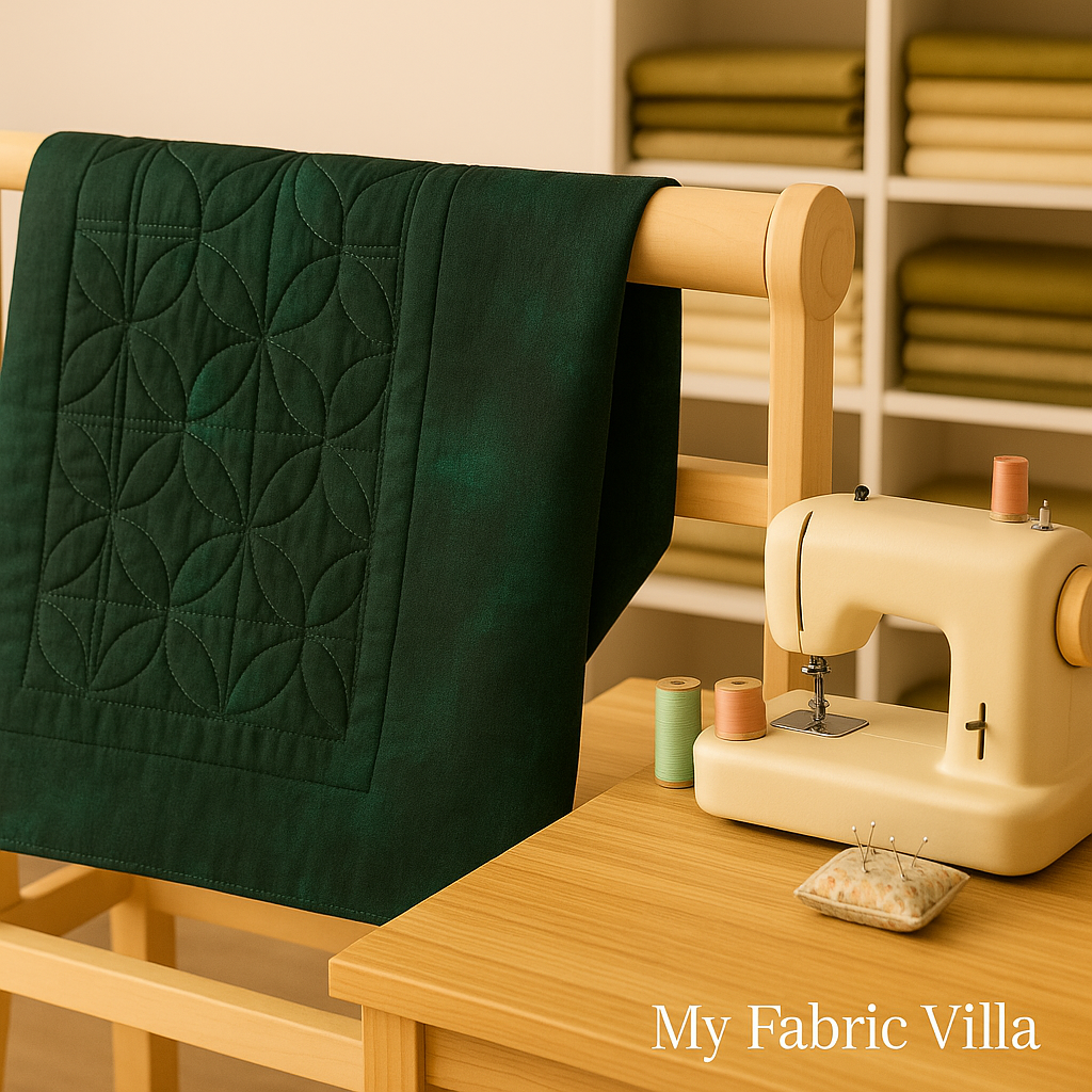 A cozy quilting studio scene featuring folded and draped Grunge Christmas Green 108" Wide Backing Fabric by BasicGrey for Moda Fabrics, displayed on a wooden cutting table with sewing tools and a quilt in progress, softly lit for a warm and creative atmosphere. The watermark “My Fabric Villa” appears on the right-hand side.