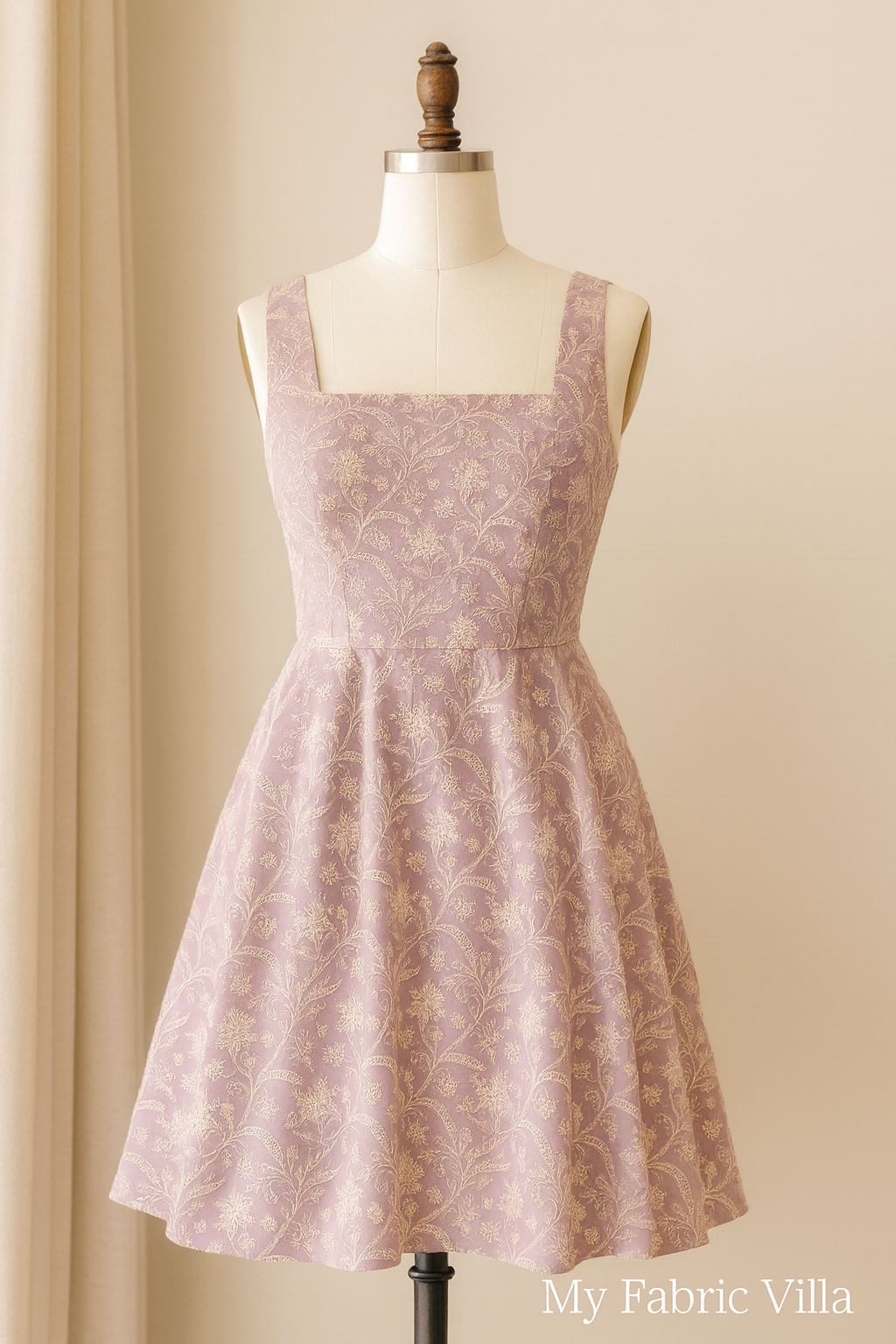 A mannequin dressed in a mauve cotton embroidered dress made from floral-patterned fabric. The dress features delicate white threadwork, short sleeves, and an A-line silhouette, displayed in a softly lit boutique setting with a “My Fabric Villa” watermark on the right side.