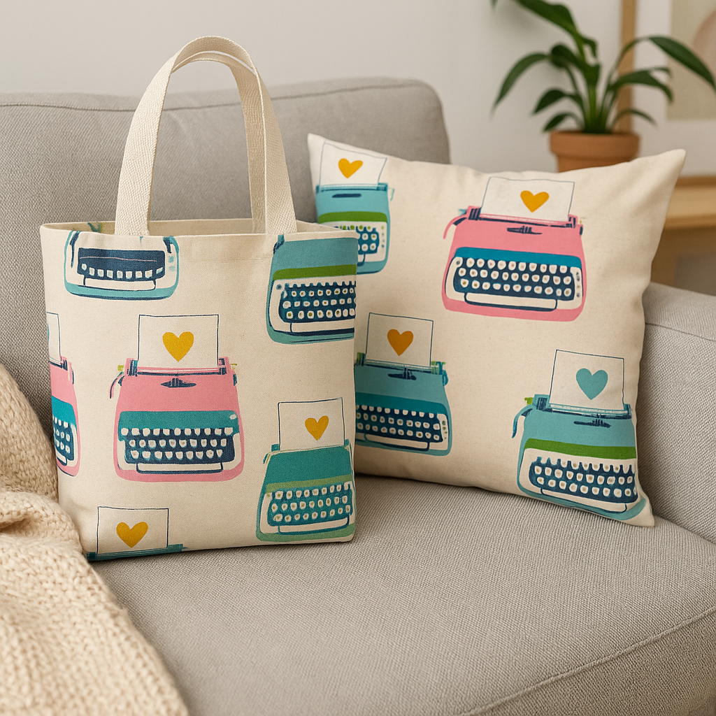 A cozy living room setting with a beige couch featuring a tote bag and pillow made from Ruby Star Society’s Best Day Ever Typewriters Natural Canvas fabric by Melody Miller. The design shows colorful retro typewriters with hearts in teal, pink, and green tones on natural cotton-linen canvas.