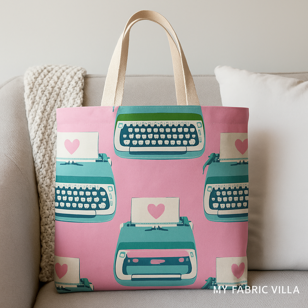 A bright sewing room scene featuring a tote bag and decorative pillow made from Ruby Star Society’s Best Day Ever Typewriters Posy fabric by Melody Miller for Moda Fabrics, showing teal and pink retro typewriters with heart details on a rosy pink background. The image includes the “My Fabric Villa” watermark in the bottom-right corner.