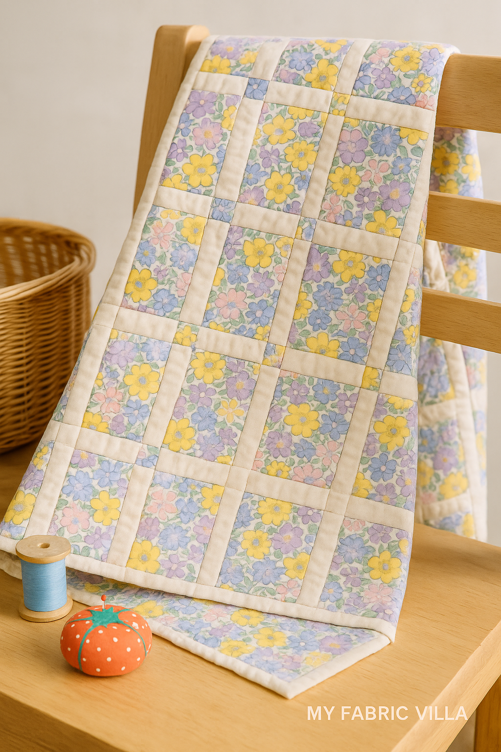 A cozy sewing room setup featuring a folded quilt and fabric swatches made from 30s Playtime 2025 Bouncy Florals Pastel fabric by Linzee McCray for Moda Fabrics, with soft yellow, lavender, pink, and blue flowers on a cream background. The image includes a “My Fabric Villa” watermark at the bottom-right corner for brand identification.