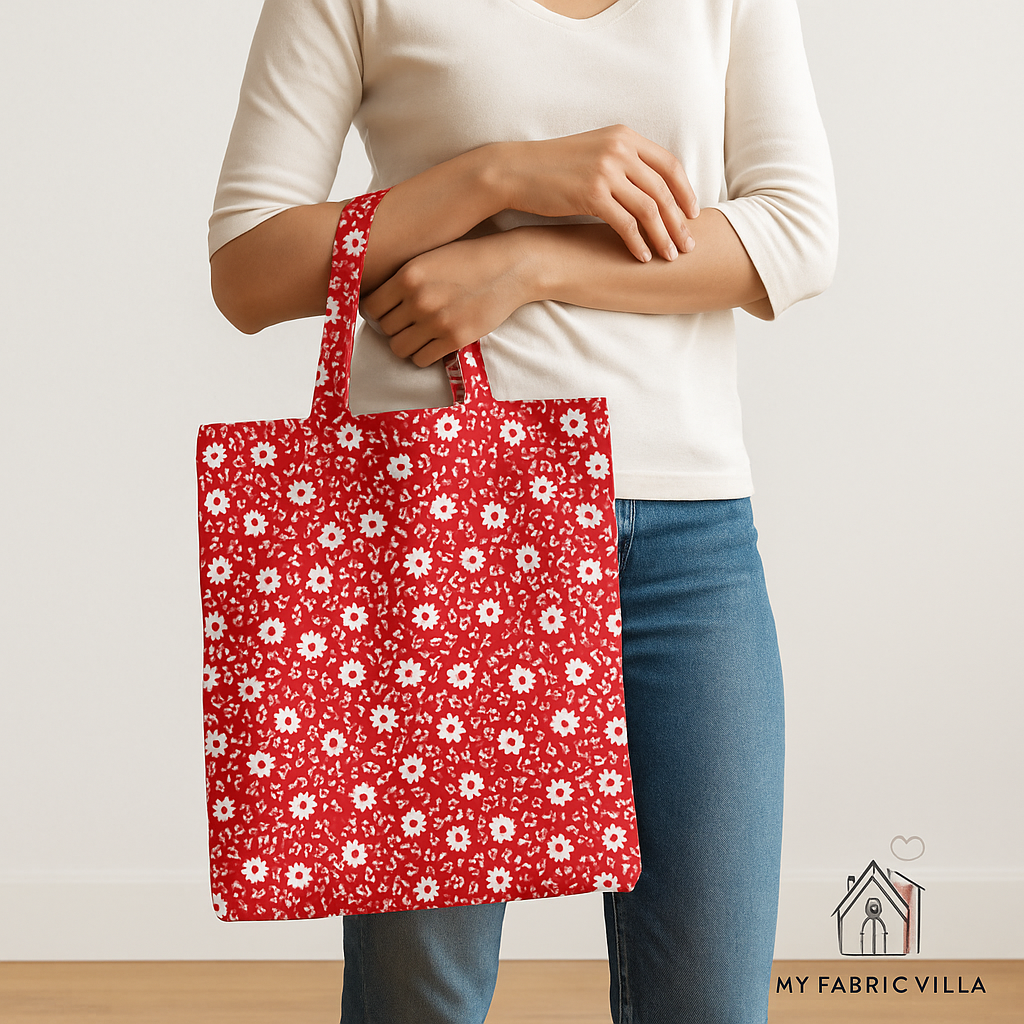 A woman holding a tote bag made from 30s Playtime 2025 Perky Posies Scarlet Fabric by Linzee McCray for Moda Fabrics, featuring white floral prints on a bright red cotton background, with cream straps and a “My Fabric Villa” watermark in the bottom right corner.