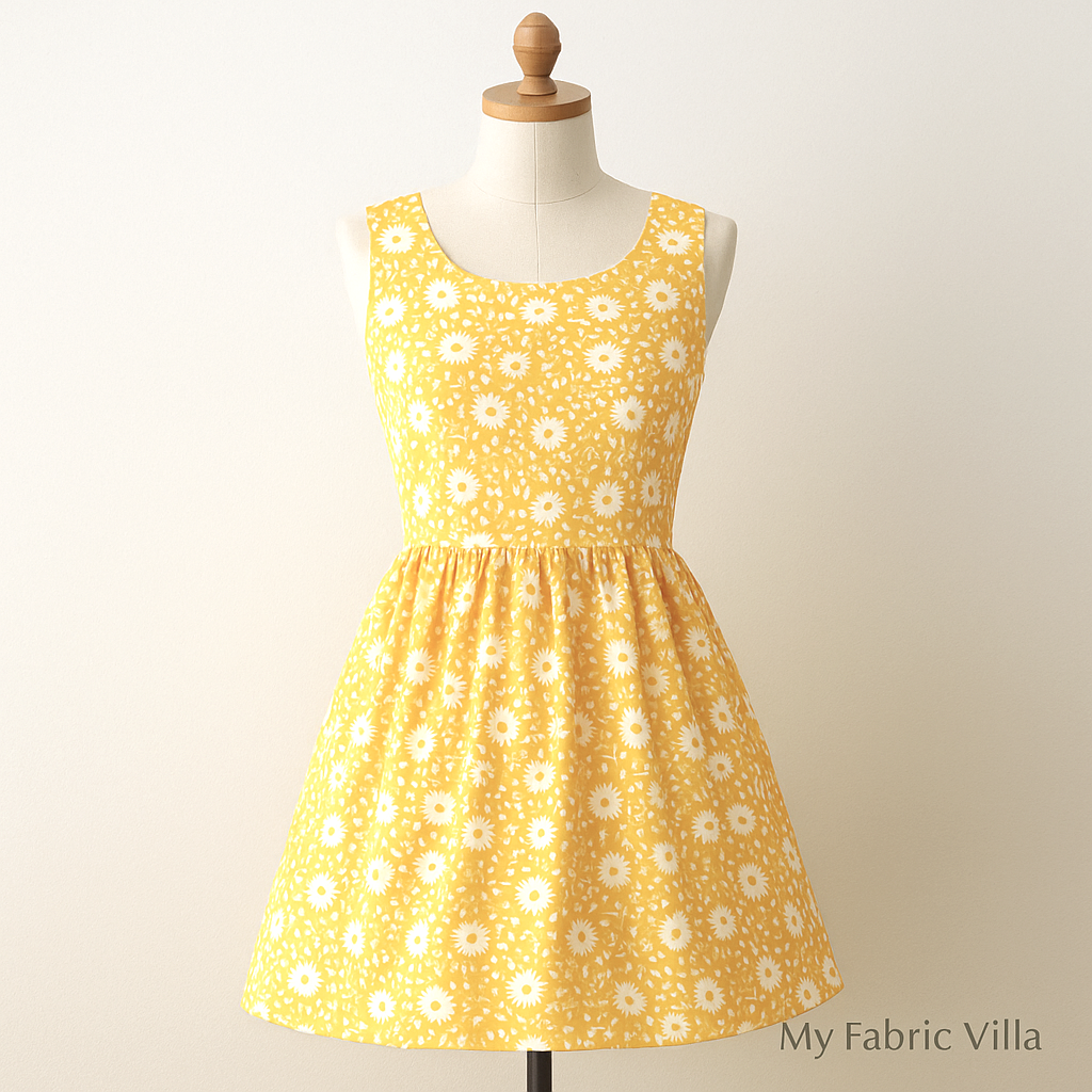 A mannequin displays a sleeveless summer dress made from 30s Playtime 2025 - Perky Posies Sunshine fabric by Linzee McCray for Moda Fabrics, featuring small white flowers on a bright yellow background. The dress is showcased in a softly lit studio with a “My Fabric Villa” watermark in the bottom-right corner for branding.