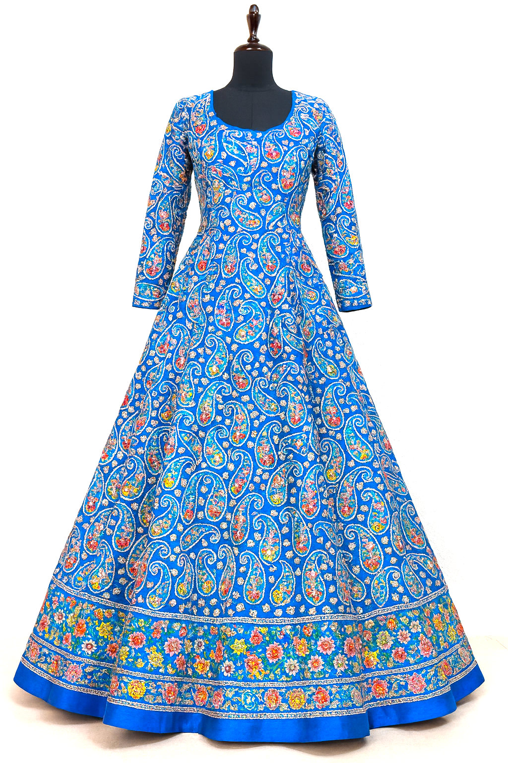 Blue Paisley Embroidered Crepe Silk Fabric