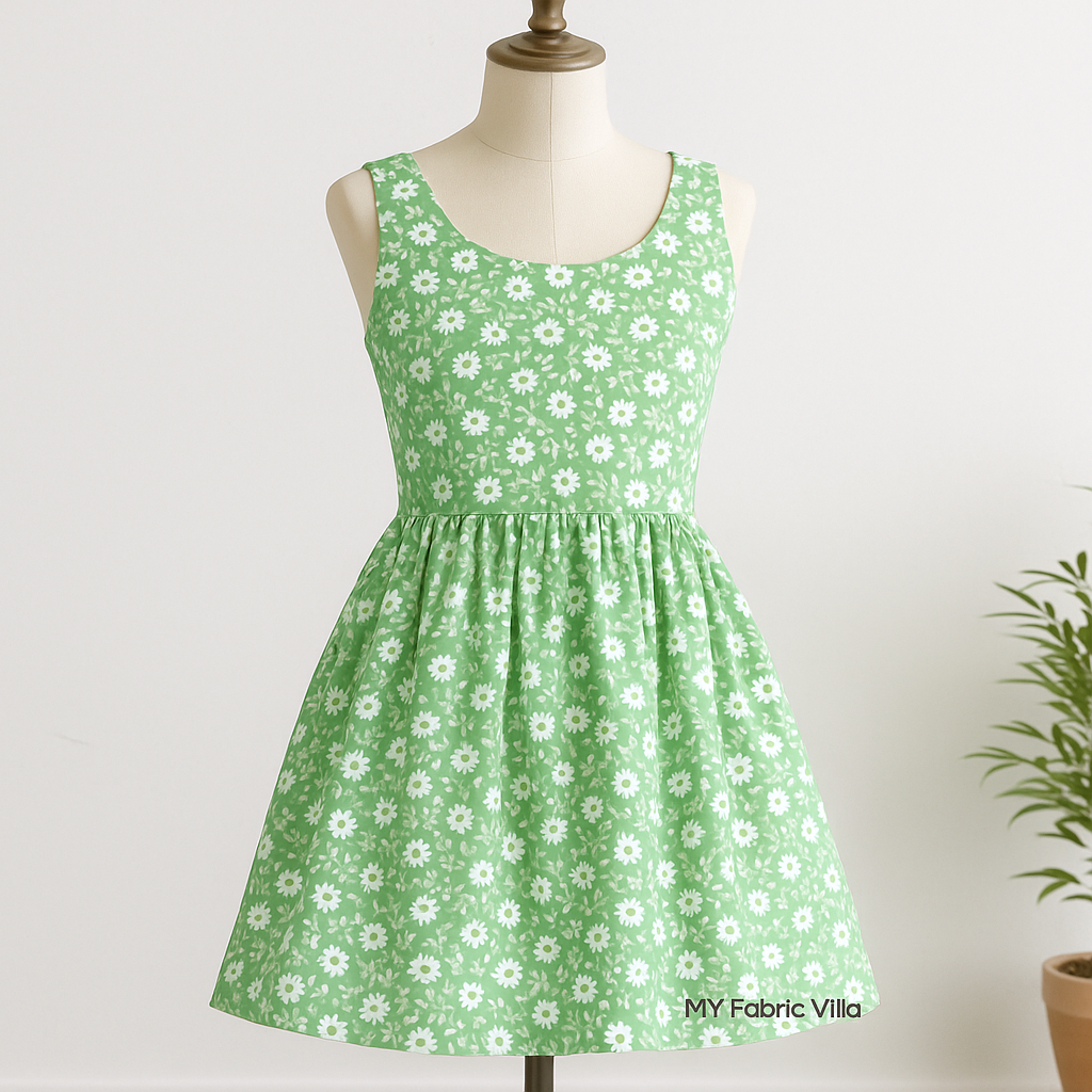 A sleeveless spring sundress displayed on a mannequin, made from 30s Playtime 2025 - Perky Posies Aloe Fabric by Linzee McCray for Moda Fabrics, featuring a soft aloe green background with delicate white floral prints, photographed in a bright studio setting with the “My Fabric Villa” watermark in the bottom right corner.