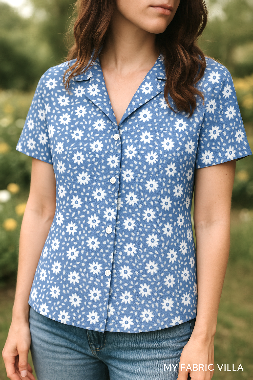 A photograph showcases a woman standing outdoors in a bright spring garden, wearing a blue button-up shirt made from the 30s Playtime 2025 – Perky Posies Bluebell fabric by Linzee McCray for Moda Fabrics. The fabric features a white floral print on a bluebell background. The woman’s face is turned away, and a “My Fabric Villa” watermark appears in the bottom right corner.