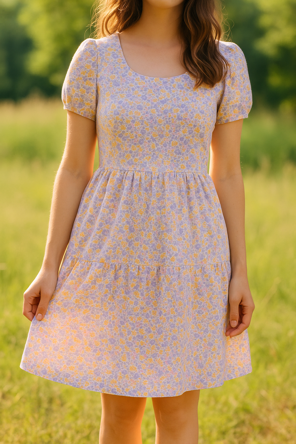 A woman standing outdoors in a sunny field wearing a light purple and yellow floral cotton dress with short puff sleeves and a gathered waist, made from vintage-inspired 1930s floral fabric.