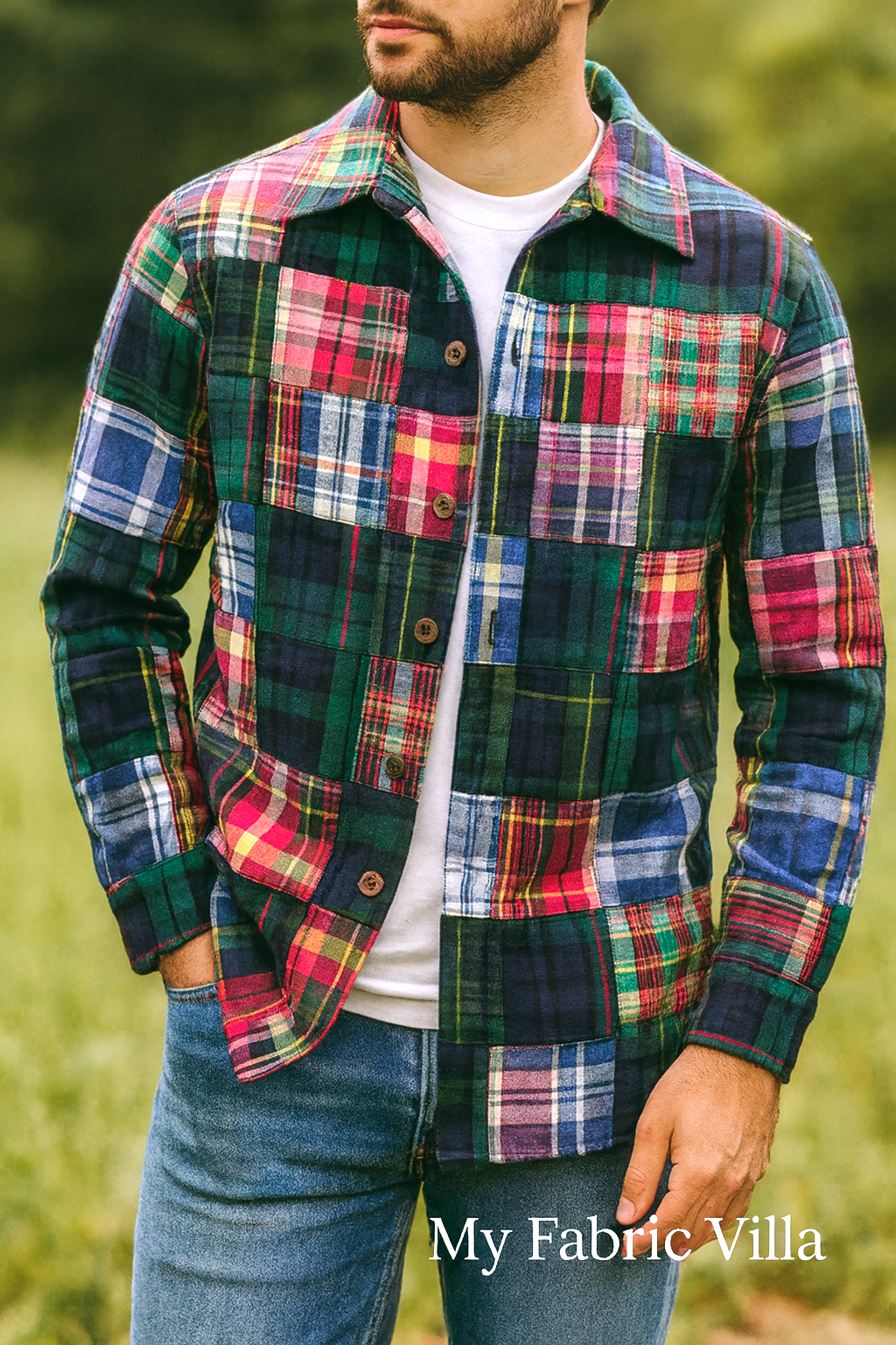 A man wearing a stylish jacket made from multicolor Nantucket patchwork madras plaid fabric in shades of green, red, navy, and yellow, photographed outdoors in natural light with the “My Fabric Villa” watermark on the bottom right.