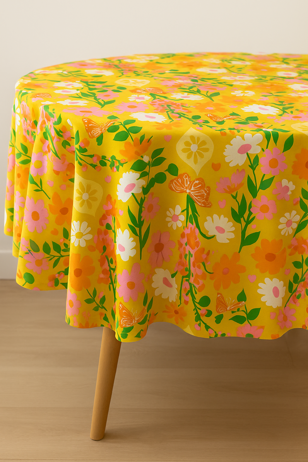 A close-up of a round dining table covered with a vibrant tablecloth made from Best Day Ever – Foxgloves Florals Butterflies Golden Hour Fabric by Melody Miller for Ruby Star Society, featuring pink, orange, and white flowers with butterflies on a golden-yellow background in a bright, modern dining room.