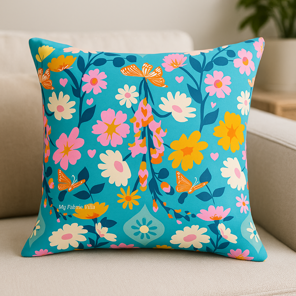 A decorative square pillow made from the Best Day Ever – Foxgloves Florals Butterflies Summer Sky Fabric by Melody Miller for Ruby Star Society, featuring teal-blue background with colorful orange, pink, yellow, and white flowers and butterflies, displayed on a light neutral sofa