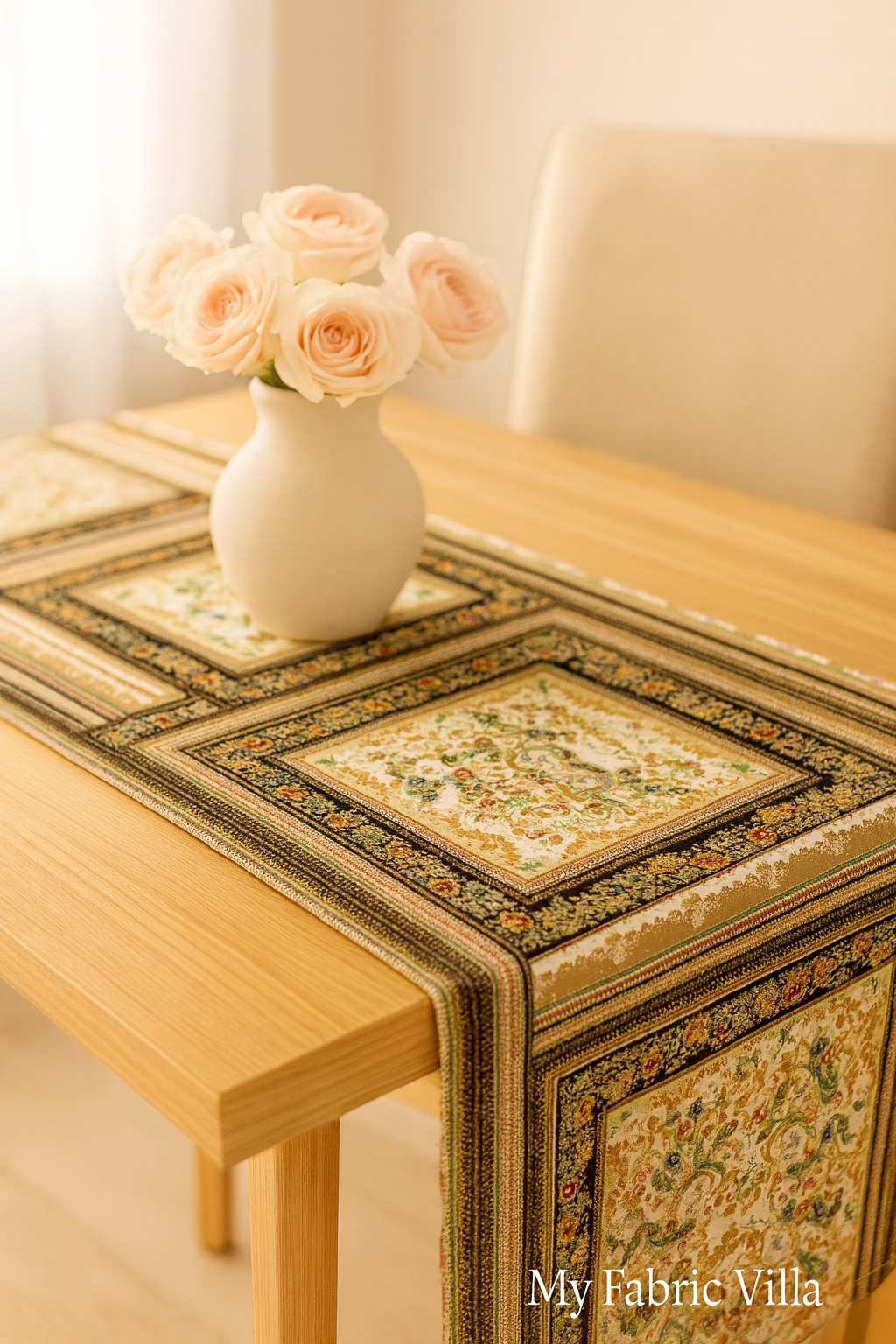 An elegant dining table setting featuring a luxurious table runner made from Antonella Vintage Gold Metallic Fabric by Hoffman Fabrics. The fabric displays intricate floral and scroll patterns in gold, cream, and black with shimmering metallic accents, placed under soft white lighting for a refined look.