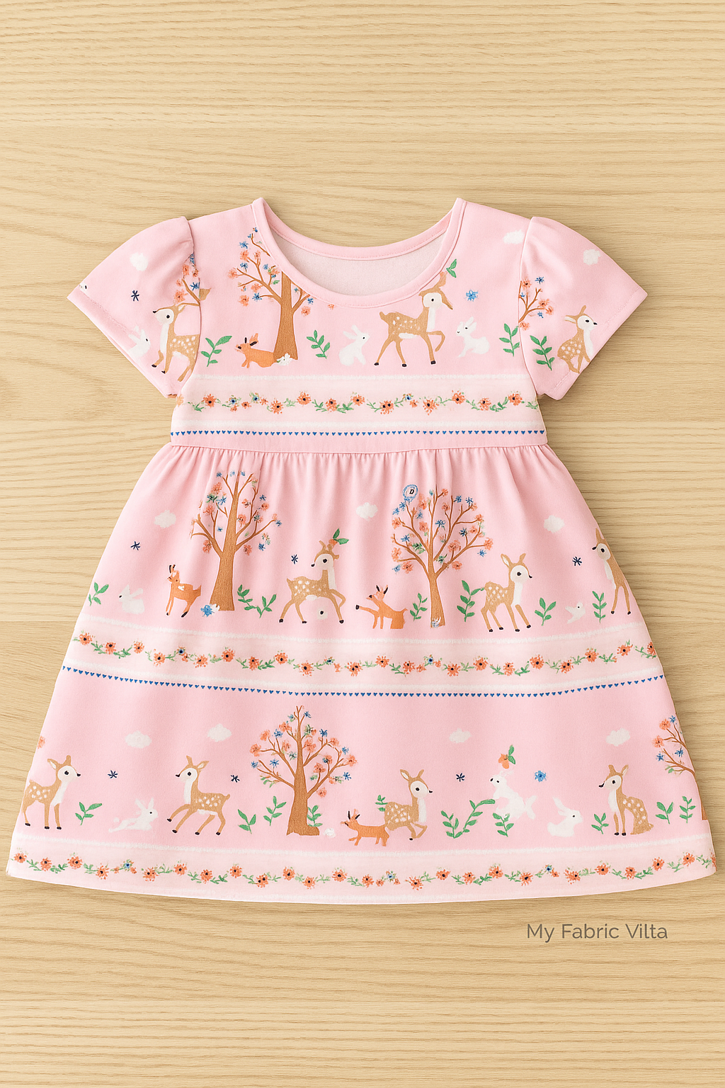 A pastel pink baby dress made from Storybook Forest Bunnies & Deer Stripe fabric by Timeless Treasures, featuring playful deer, bunnies, and trees in a stripe pattern. The short-sleeved dress with a gathered skirt is displayed on a light wooden background under soft white lighting, with a small “My Fabric Villa” watermark in the bottom right corner.