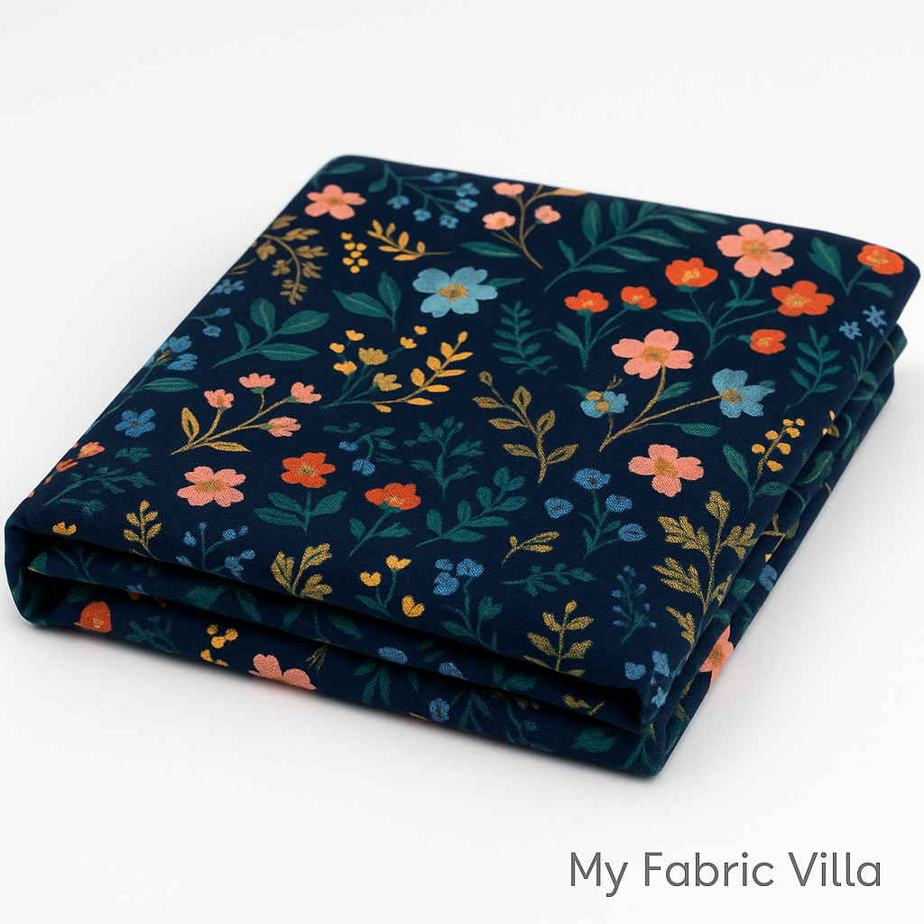Folded stack of Wildwood Navy Metallic Cotton Fabric by Rifle Paper Co. showing gold metallic floral accents on navy background.