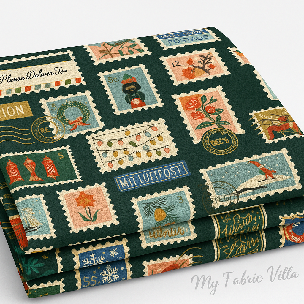 Folded stack of Holiday Stamps Evergreen Canvas Metallic Fabric by Rifle Paper Co. for Cotton + Steel showing metallic gold holiday postage designs.