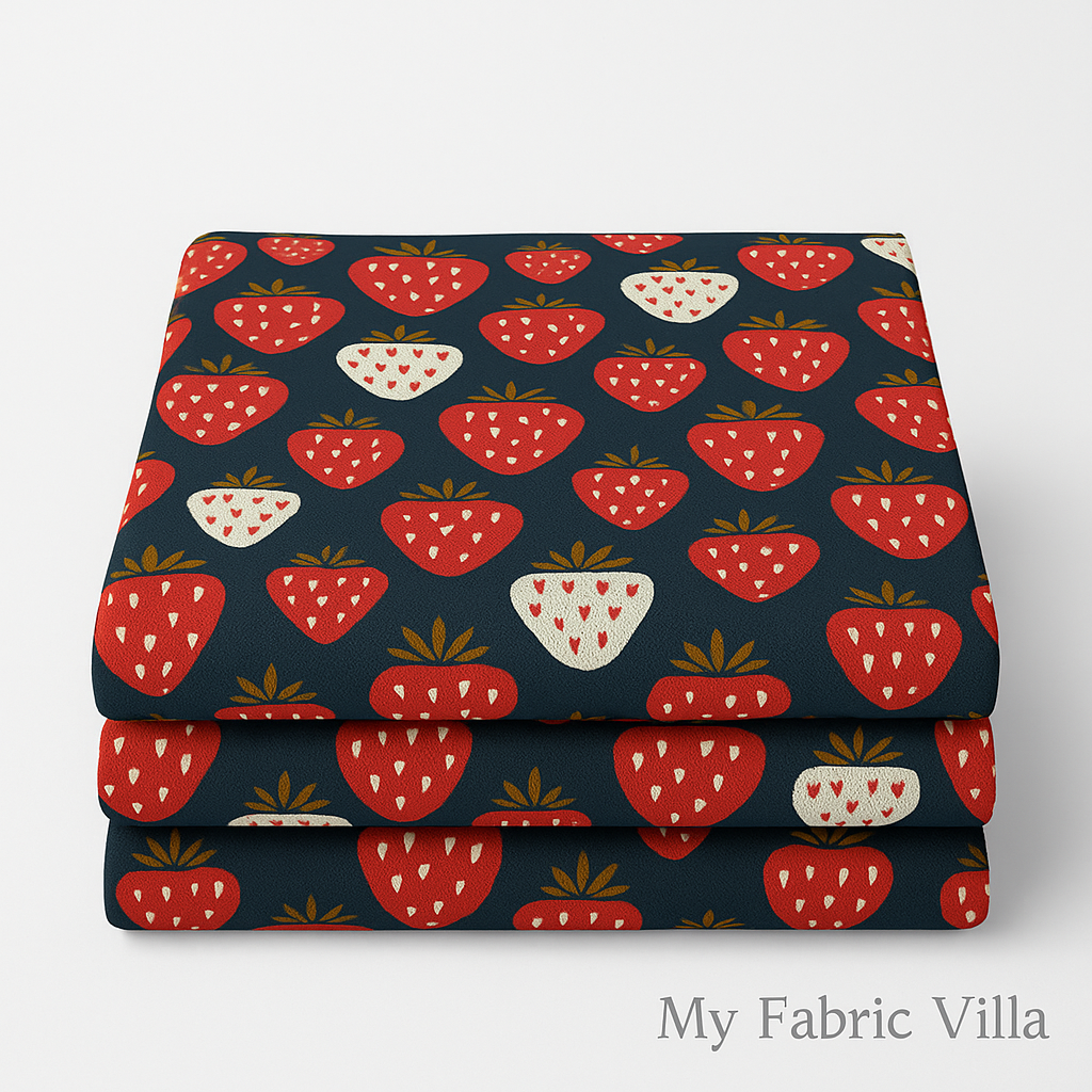 Folded stack of Queen of Berries Starry Night Unbleached Canvas Fabric by Loes Van Oosten for Cotton + Steel showing red and white strawberry print.
