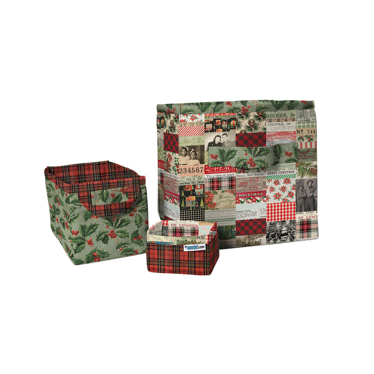 Handmade storage baskets, tote bags, and decorative throw pillows sewn from Tim Holtz Christmas Worn Plaid canvas fabric displayed in a cozy vintage-inspired holiday home setting.
