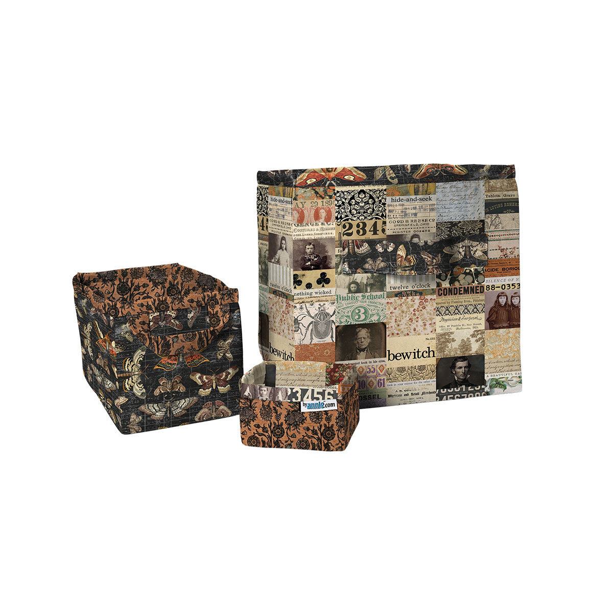 Handmade fabric storage baskets from Tim Holtz Halloween Gothic Tapestry canvas fabric displayed with coordinating Tim Holtz Halloween prints in a vintage-inspired home décor setting.