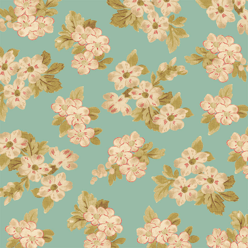 Aubrey Floral Aqua cotton fabric by Whistler Studios for Windham Fabrics featuring cream floral bouquets on a soft aqua background.
