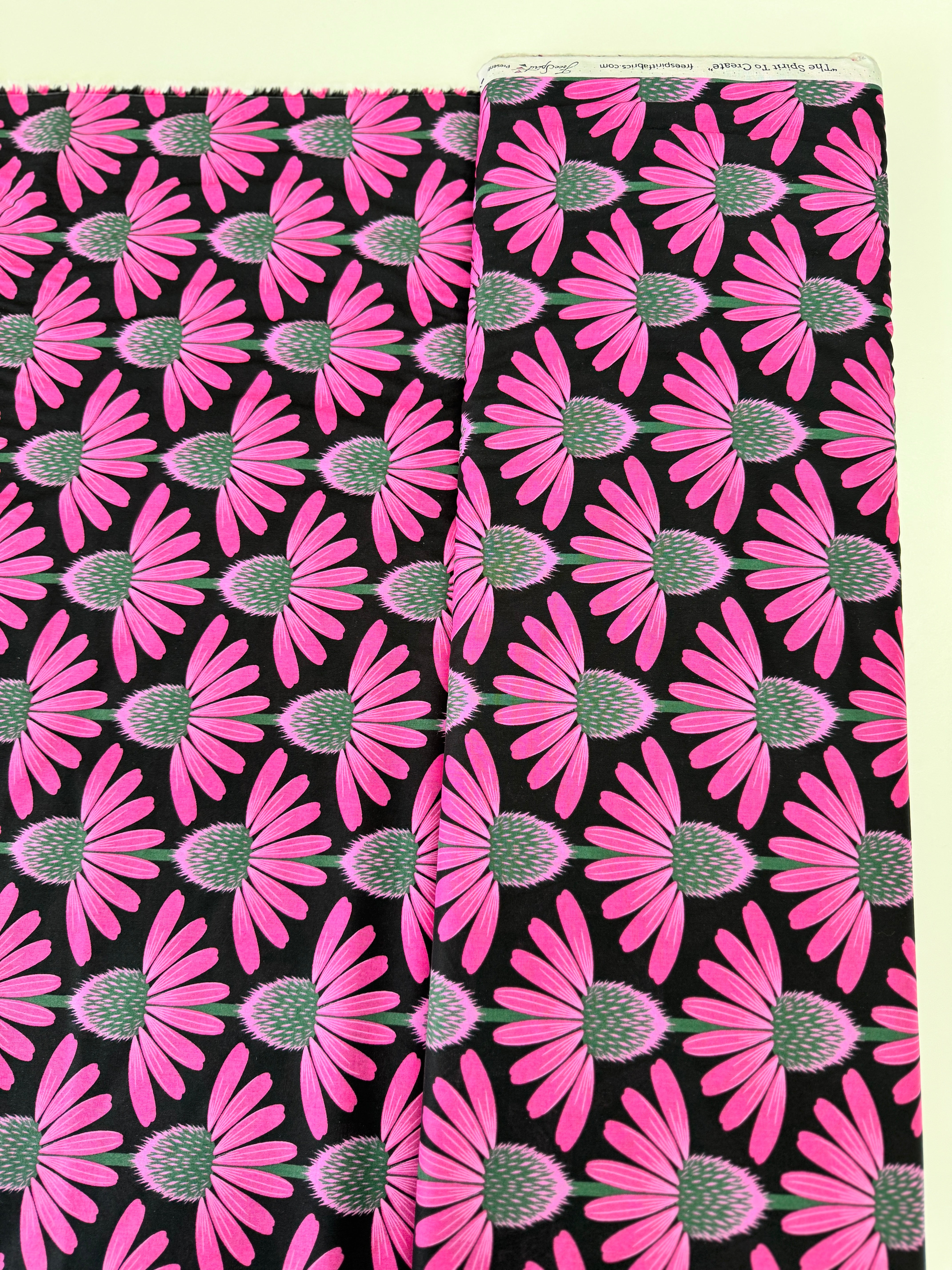 Love Always AM – Echinacea Ruby Cotton Lawn by Anna Maria Horner featuring large pink and red echinacea flowers on a ruby-red background.