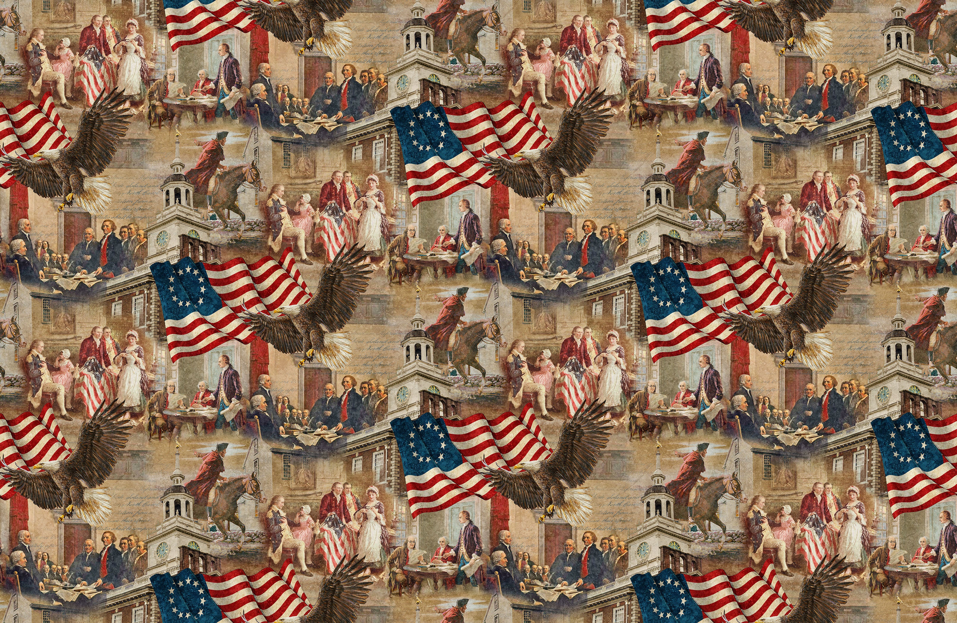 America 250 Independence Beige Multi fabric featuring Declaration of Independence scenes, Founding Fathers, colonial architecture, and patriotic American imagery.
