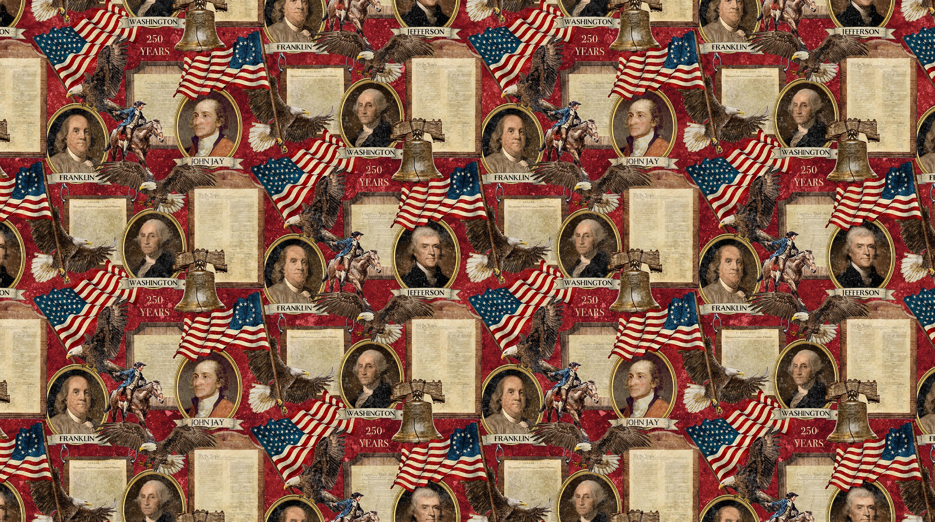America 250 Founding Fathers Red Multi fabric featuring George Washington, Benjamin Franklin, John Jay, American flags, eagles, and Liberty Bell motifs.