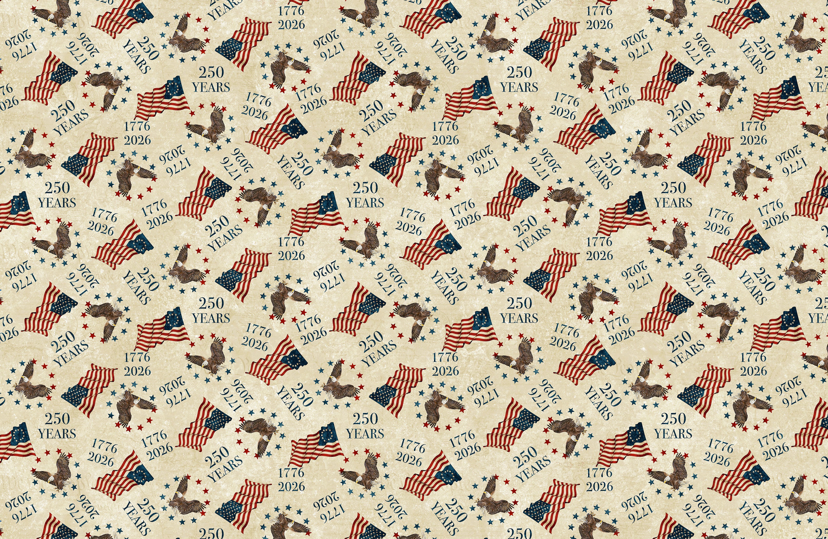 America 250 Stonehenge 250 Toss Beige Multi fabric featuring American flags, bald eagles, stars, and 250 Years patriotic anniversary artwork.