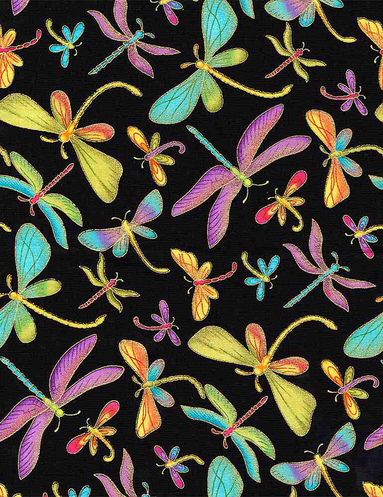 Colorful metallic dragonflies in turquoise, lavender, coral, lime, and gold scattered across a black cotton quilting fabric by Timeless Treasures.